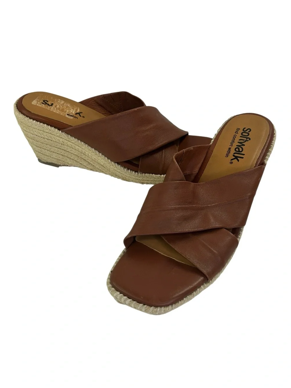 Softwalk Hastings Wedge Espadrilles brown leather cross cross size 8